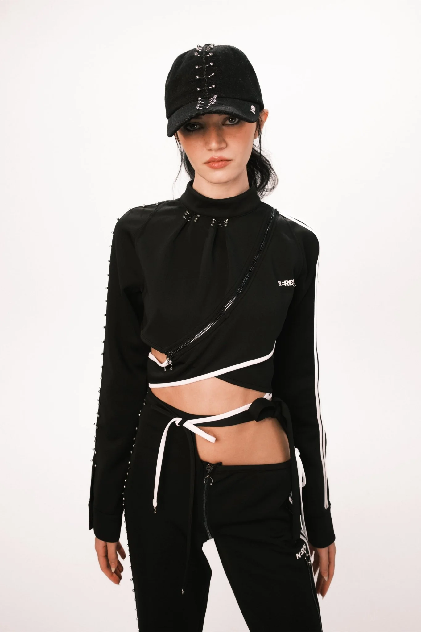 BLACK WRAP TIE ASYMMETRICAL TRACK JACKET - Image 3